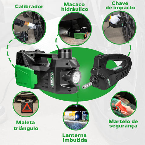 Kit de Macaco Elétrico Multifuncional 3 em 1 com Chave de Impacto, Compressor de Ar e Luz LED - LiftForce™ 5 Toneladas 12V