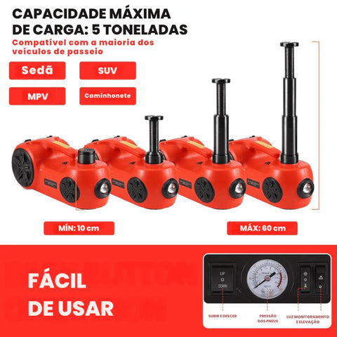 Kit de Macaco Elétrico Multifuncional 3 em 1 com Chave de Impacto, Compressor de Ar e Luz LED - LiftForce™ 5 Toneladas 12V